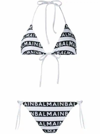 Shop Balmain Striped Logo Bikini In Multi