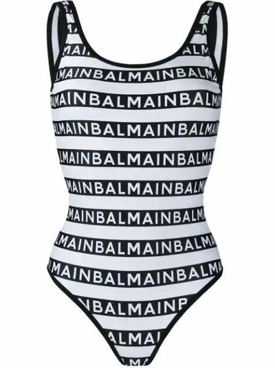 Shop Balmain Striped Logo Swimsuit In Multi