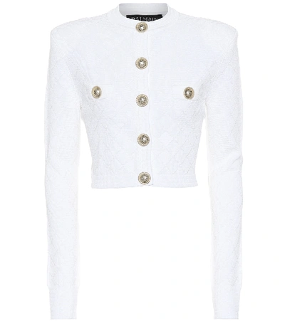 Shop Balmain Cropped Knit Jacket In White