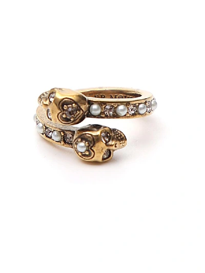 Shop Alexander Mcqueen Pearl Embellished Skull Ring In Gold