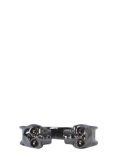 Shop Alexander Mcqueen Twin Skull Ring In Grey