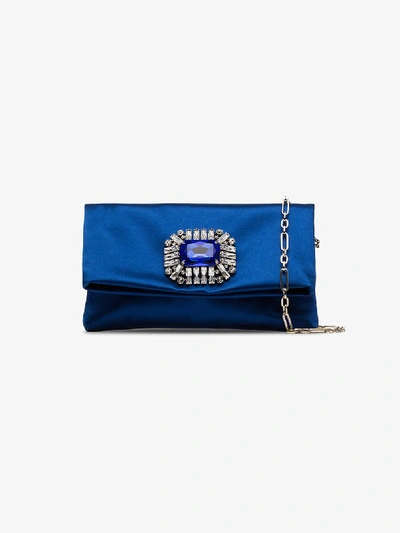 Shop Jimmy Choo Blue Titania Embellished Satin Clutch Bag