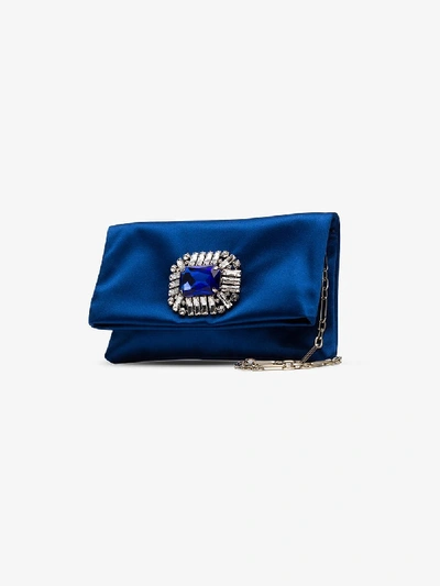 Shop Jimmy Choo Blue Titania Embellished Satin Clutch Bag