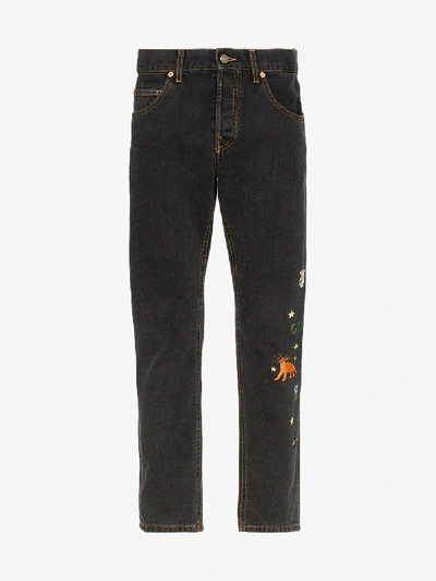 Shop Gucci Embroidered Slim-fit Jeans In Black