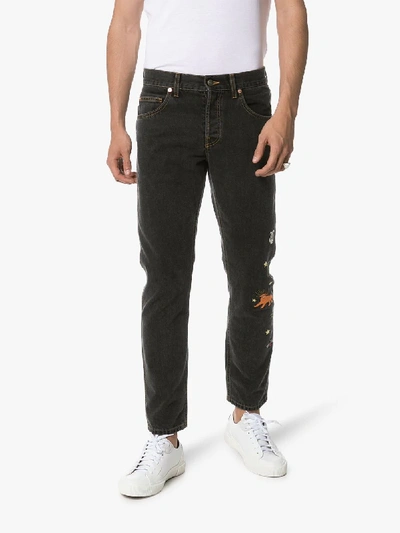 Shop Gucci Embroidered Slim-fit Jeans In Black