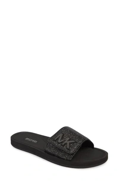 Shop Michael Michael Kors Mk Logo Slide Sandal In Black Glitter