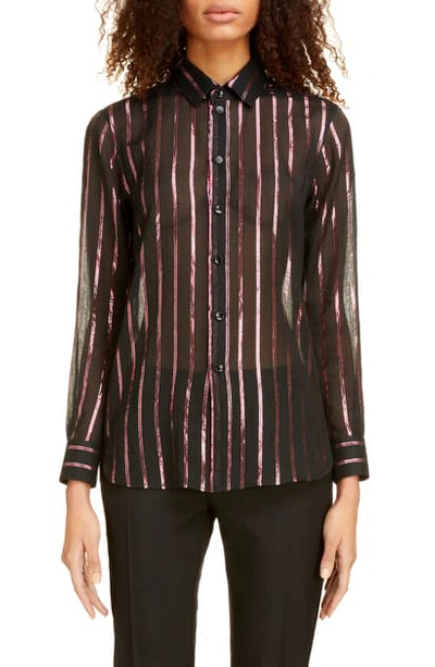 Shop Saint Laurent Sheer Lame Stripe Shirt In Noir Fuxia Argent