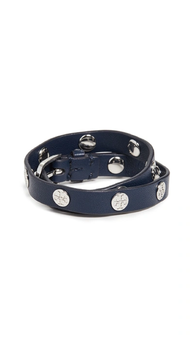 Shop Tory Burch Double Wrap Logo Stud Bracelet In Tory Navy/tory Silver