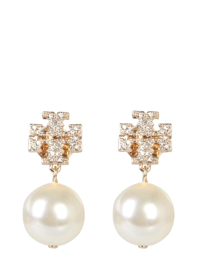 Shop Tory Burch Crystal Logo And Pendant Pearl Earrings In Oro