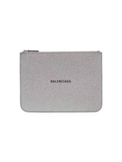 Shop Balenciaga Everyday Glitter Leather Pouch In Silver