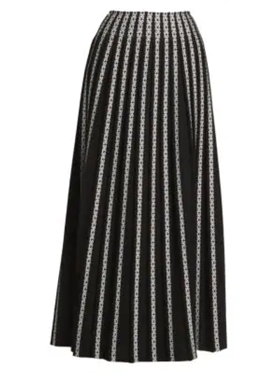 Shop Alaïa Women's Plissé Striped Embroidered Maxi Skirt In Black White