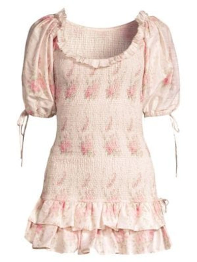 Shop Loveshackfancy Violet Rose-print Puff-sleeve Mini Dress In Dolce