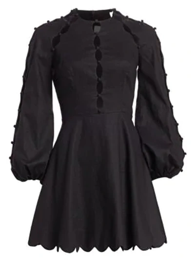 Shop Zimmermann Goldie Scalloped Puff-sleeve Mini Dress In Black