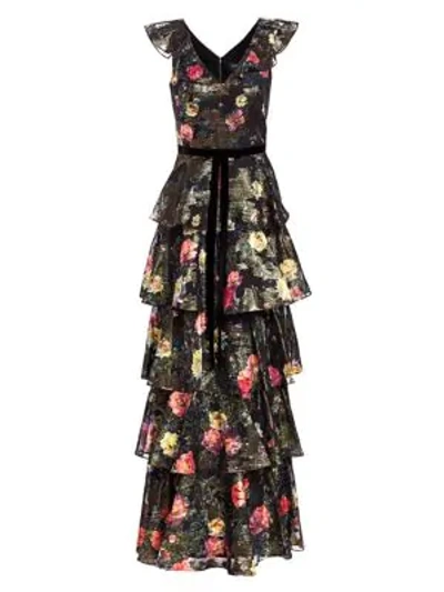 Shop Marchesa Notte Metallic Floral Printed Tiered A-line Gown In Black