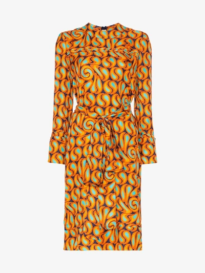 Shop Marni Silk Tie Waist Printed Dress In Orange