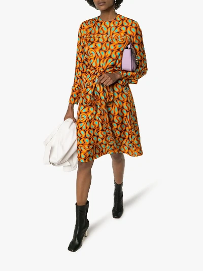 Shop Marni Silk Tie Waist Printed Dress In Orange