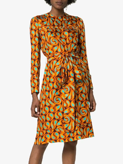 Shop Marni Silk Tie Waist Printed Dress In Orange