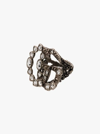 Shop Gucci Oxidised Silver Tone Crystal Double G Ring