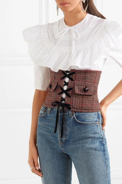 Shop Miu Miu Velvet And Leather-trimmed Prince Of Wales Checked Wool-blend Corset Belt In Red