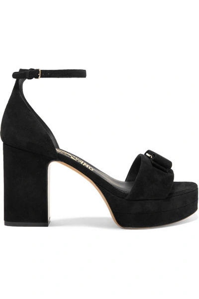 Shop Ferragamo Eclipse Bow-embellished Suede Platform Sandals In Black