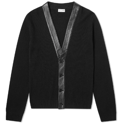 Shop Saint Laurent Cashmere Leather Detail Cardigan In Black