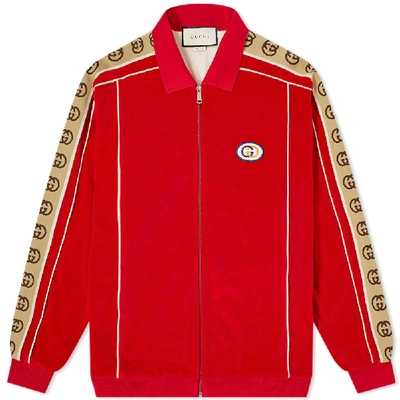 Shop Gucci Velour Taped Oversized Track Jacket In Red