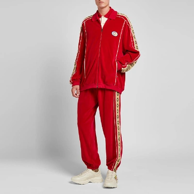 Shop Gucci Velour Taped Oversized Track Jacket In Red