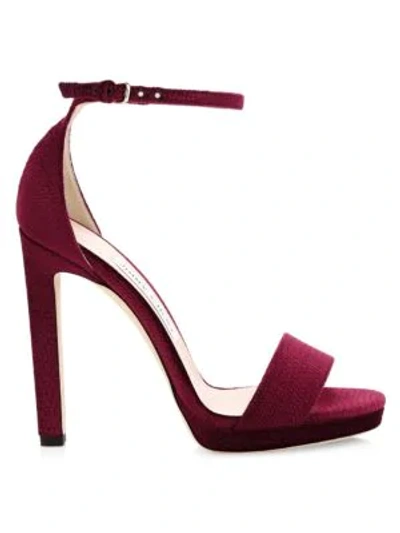 Shop Jimmy Choo Misty Lizard-embossed Velvet Ankle-strap Sandals In Bordeaux