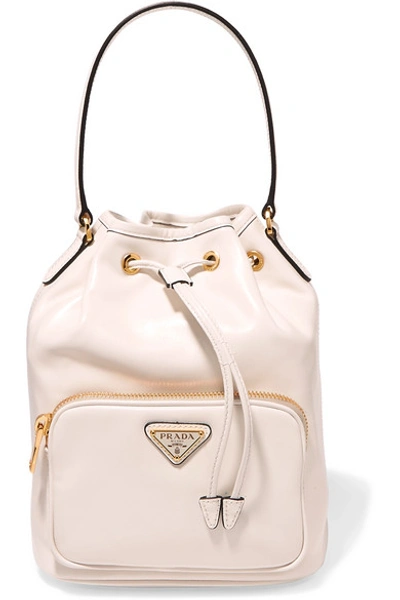 Shop Prada Vela Small Leather Bucket Bag In White