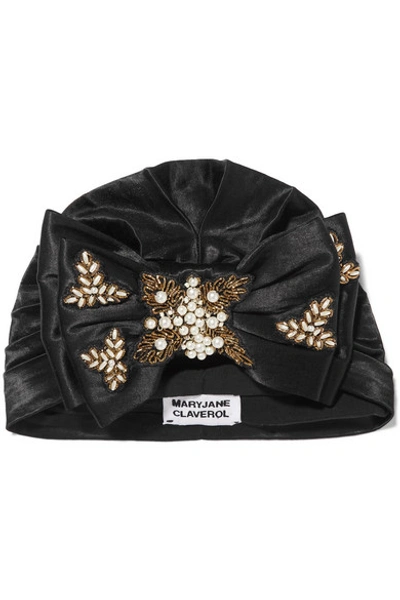 Shop Mary Jane Claverol Yoshiko Faux Pearl-embellished Embroidered Satin Turban In Black