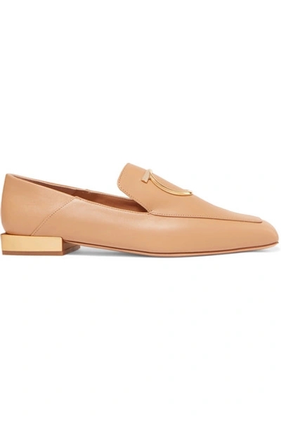 Shop Ferragamo Lana Embellished Leather Collapsible-heel Loafers In Camel