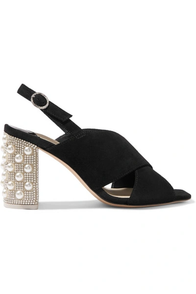 Shop Sophia Webster Nina Crystal And Faux-pearl Embellished Suede Slingback Sandals In Black