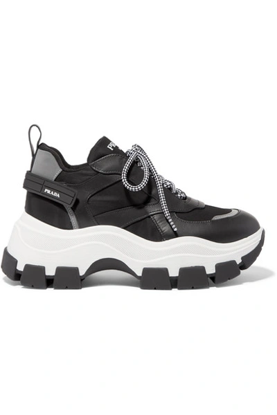 Shop Prada Nylon And Leather Sneakers In Black