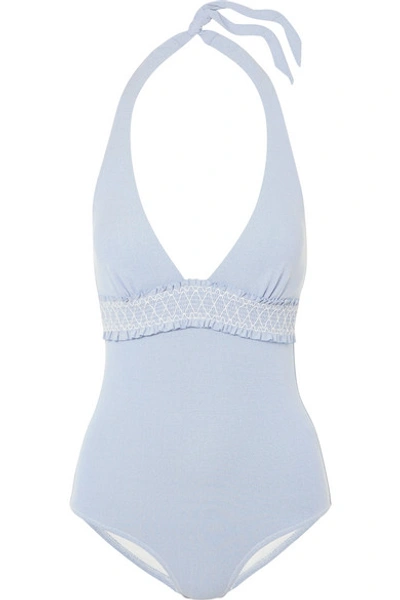 Shop Heidi Klein Smocked Halterneck Swimsuit In Light Blue