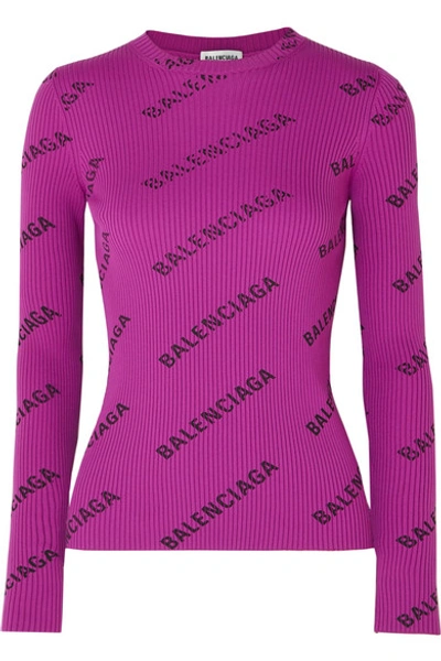 Shop Balenciaga Printed Ribbed-knit Top In Purple