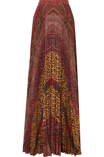 Shop Etro Printed Pleated Crepe De Chine Maxi Skirt In Burgundy