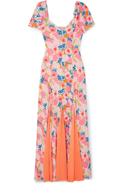 Shop Staud Baya Pleated Printed Crepe De Chine And Chiffon Maxi Dress In Peach