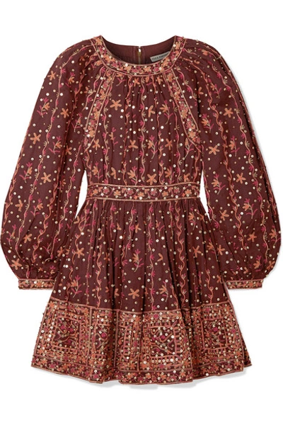 Shop Ulla Johnson Daya Embellished Embroidered Linen And Cotton-blend Mini Dress In Burgundy