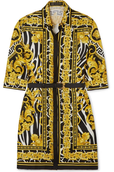 Shop Versace Belted Printed Silk-twill Mini Dress In Yellow