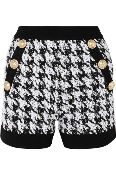 Shop Balmain Button-embellished Houndstooth Bouclé-tweed Shorts In Black