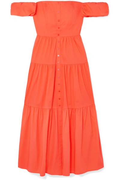 Shop Staud Elio Off-the-shoulder Cotton-blend Midi Dress In Orange