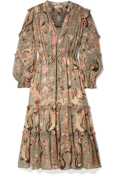 Shop Ulla Johnson Paola Ruffled Printed Cotton-blend Midi Dress In Beige
