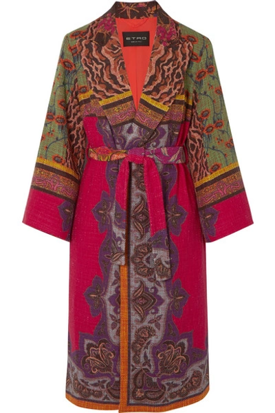 Shop Etro Belted Cotton-blend Jacquard Coat In Red