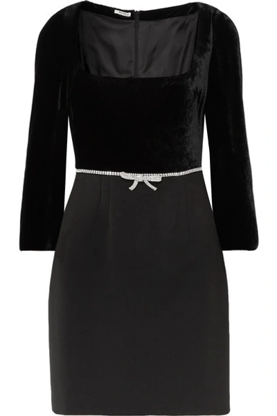 Shop Miu Miu Crystal-embellished Velvet And Wool-blend Crepe Mini Dress In Black