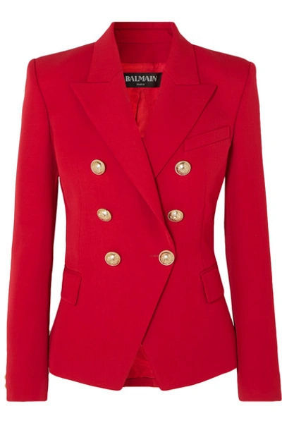 Shop Balmain Double-breasted Grain De Poudre Wool Blazer In Red