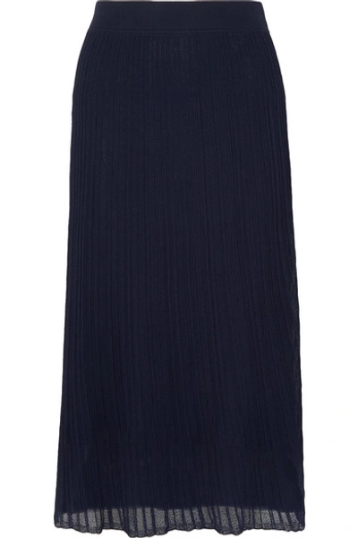 Shop Vince Ribbed Stretch-knit Midi Skirt In Navy