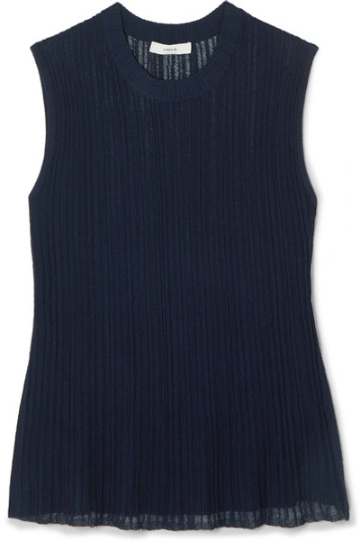 Shop Vince Flounce Ribbed Stretch-knit Top In Navy