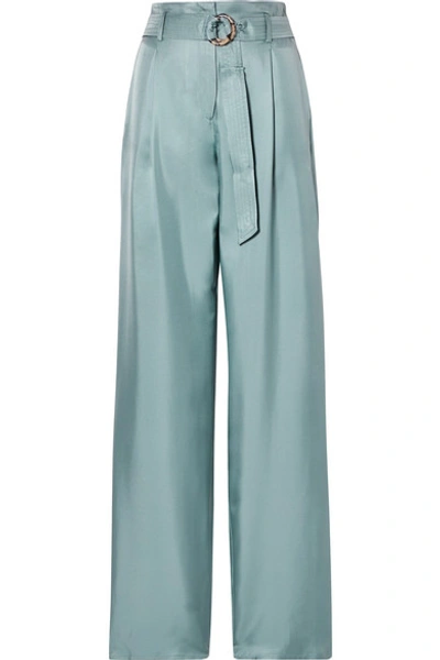 Shop Sally Lapointe Belted Silk-satin Twill Wide-leg Pants In Gray Green