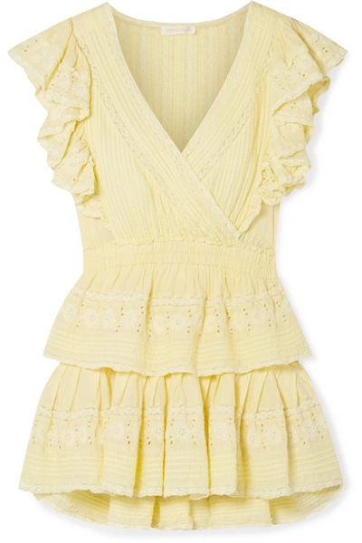 Shop Loveshackfancy Gwen Ruffled Lace-trimmed Broderie Anglaise Cotton Mini Dress In Pastel Yellow