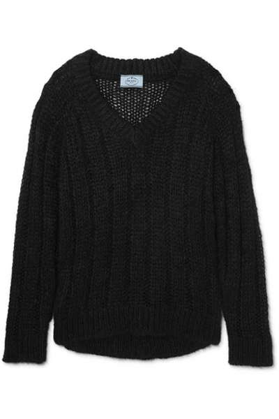 Shop Prada Open-knit Mohair-blend Sweater In Black